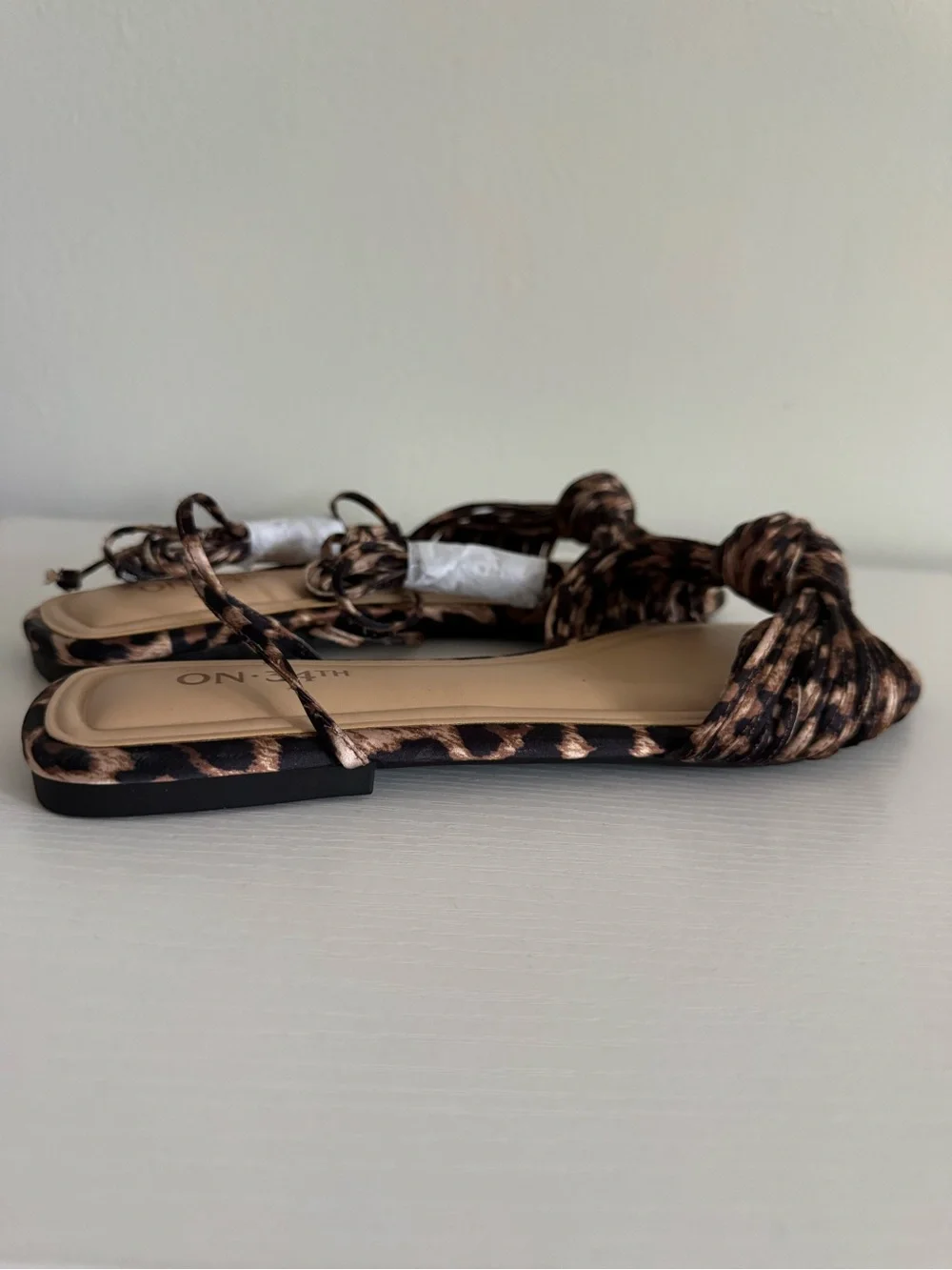 Leopard Print Knot Ankle-Tie Flat Sandals - Brown
